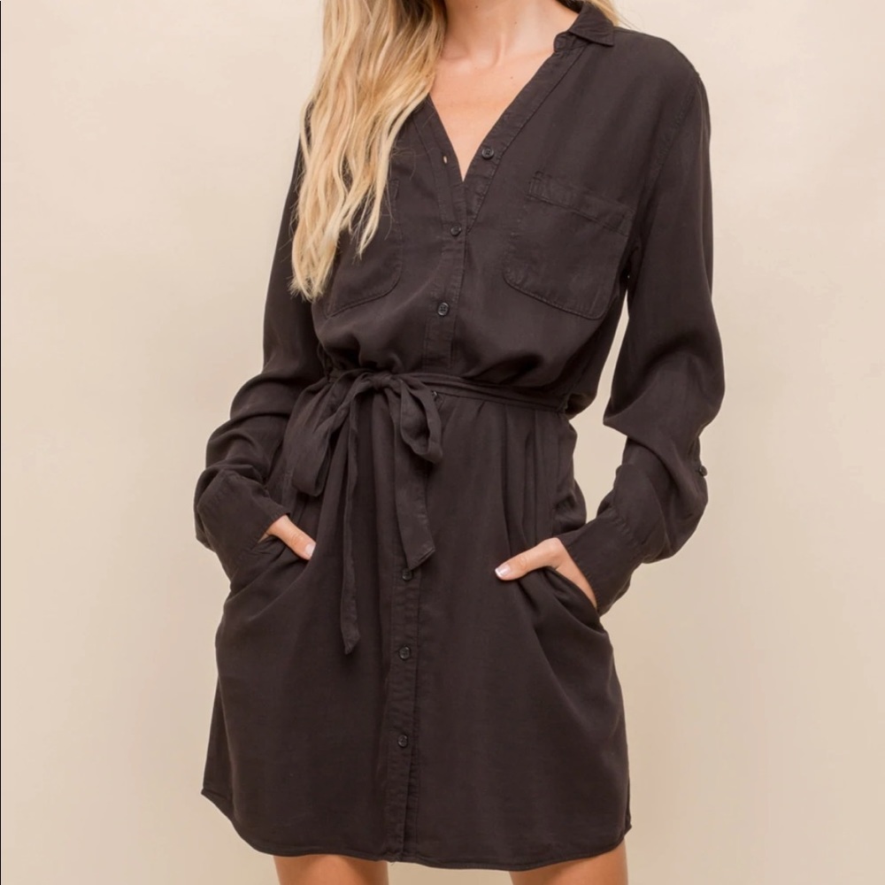 Black Tie Waist Button Down Midi Dress